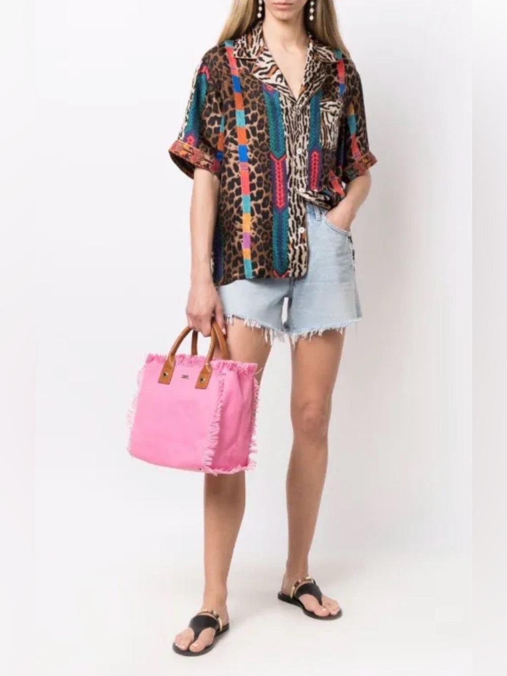 Melissa Odabash Cap Ferrat Blush Pink Fringed Canvas Leather Beach Tote Bag